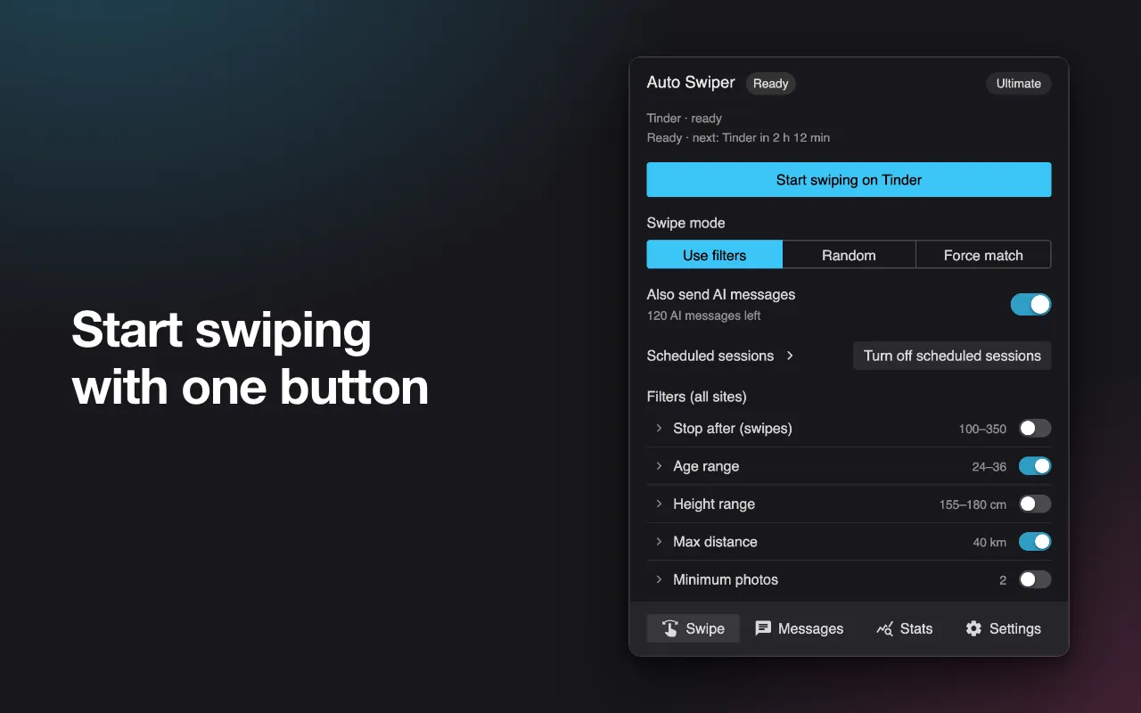 The extension popup on a dark background, headed "Start swiping with one button", with a Start swiping on Tinder button, the swipe mode picker and the filter list underneath.