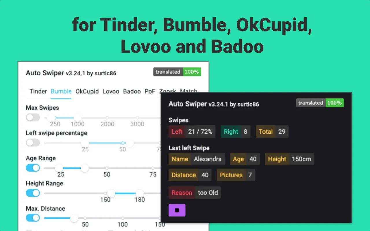 The extension's filter settings, with sliders for maximum swipes, age, height and distance, next to the live panel that counts swipes and shows why the last profile was skipped.