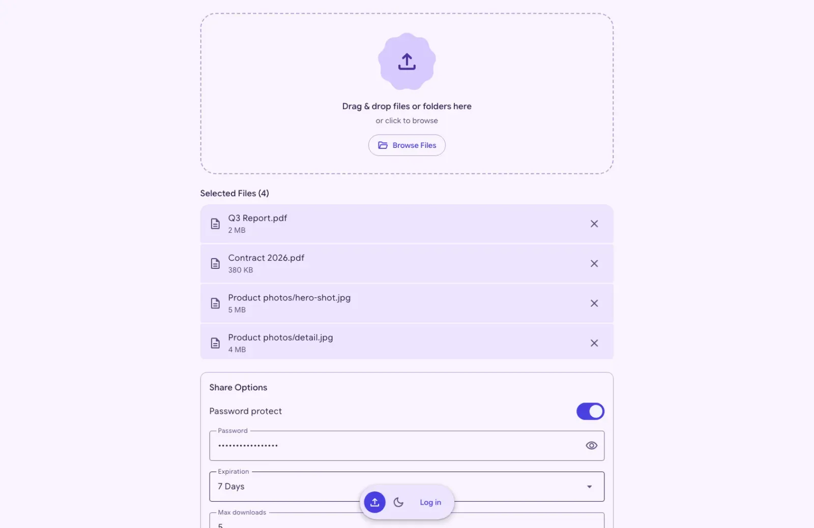 The upload page with four selected files, two of them from a Product photos folder, and the share options below with password protection switched on, an expiry of 7 days and a download limit.