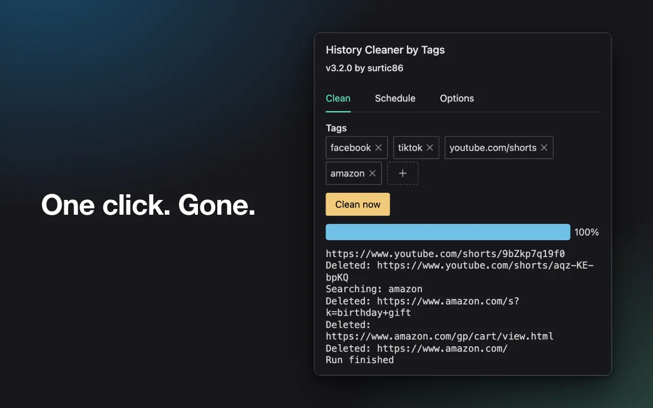 The popup after a run, with a full progress bar and a log of the deleted Amazon and YouTube Shorts entries ending in Run finished.