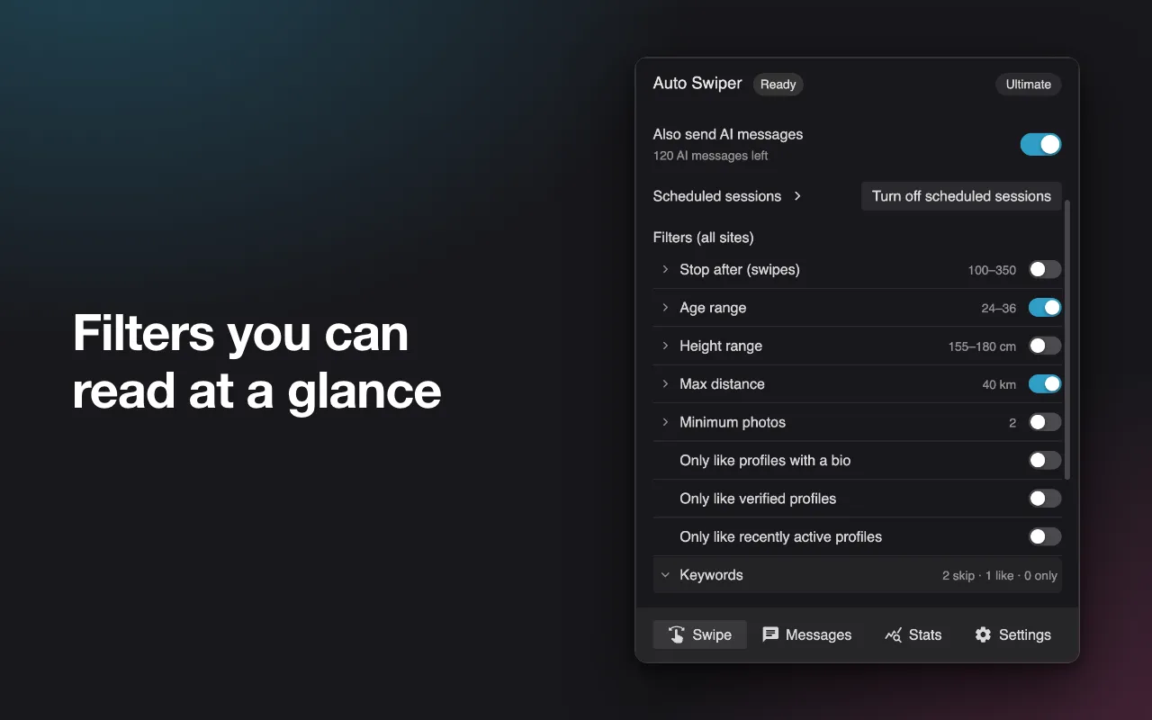 The popup scrolled to the filter list, with switches for swipe limit, age range, height range, max distance, minimum photos, profiles with a bio, verified profiles, recently active profiles and keywords.
