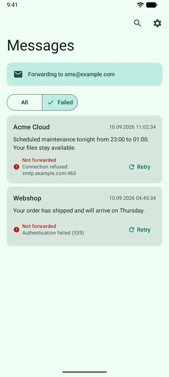 The Failed filter, listing messages that could not be sent, each with its SMTP error and a Retry button.