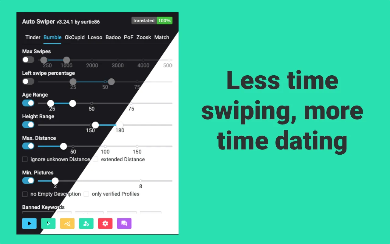 The full filter panel in dark and light theme, including age, height and distance ranges, minimum pictures, verified profiles only and banned keywords.