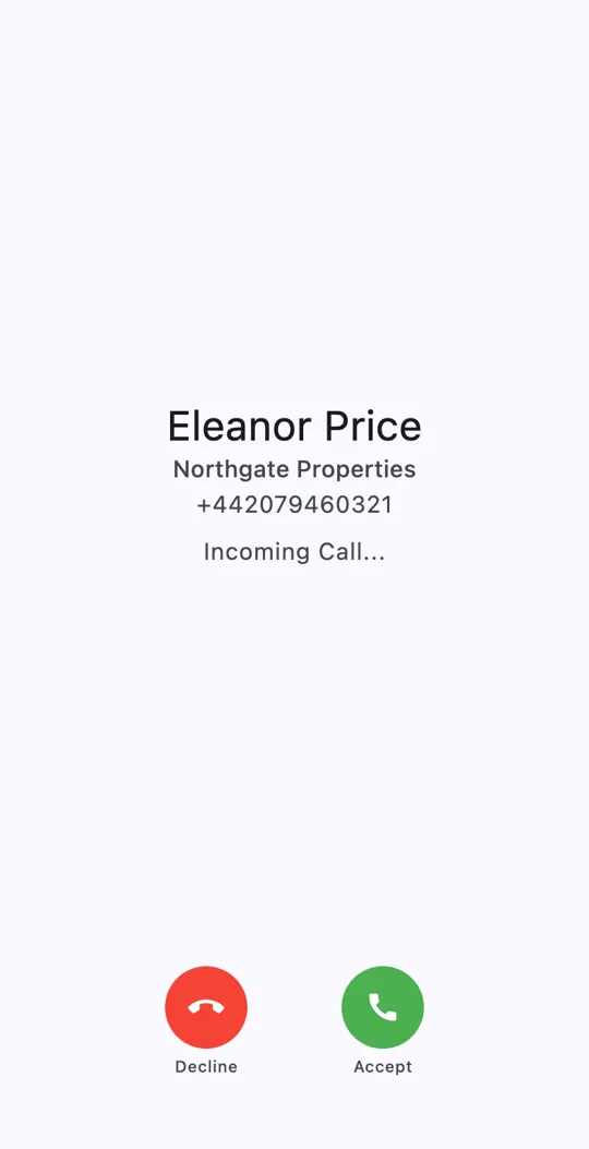 An incoming call from Eleanor Price of Northgate Properties, with her number and the Decline and Accept buttons.
