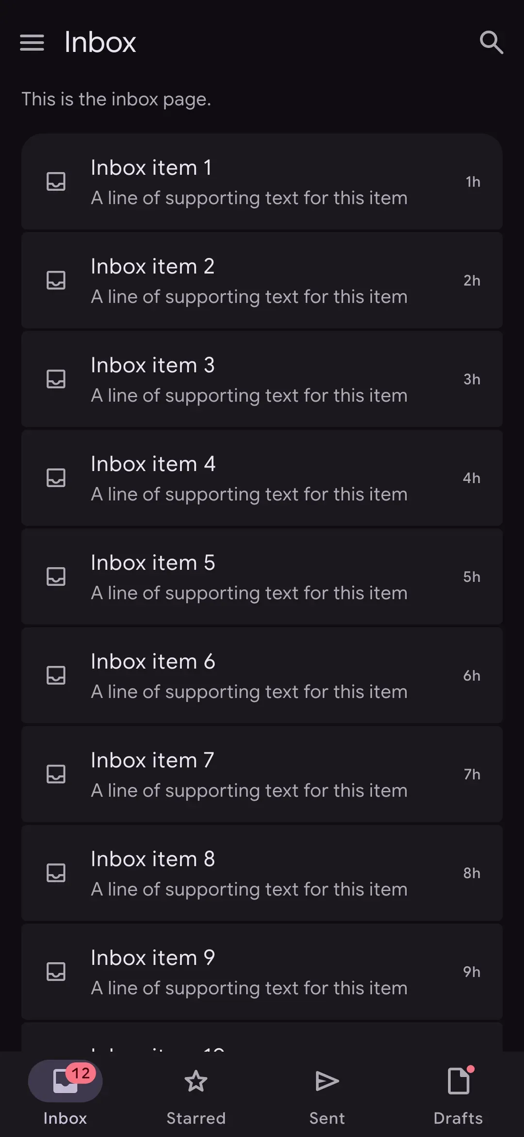 The same mail app on a phone in the dark theme, with a top app bar titled Inbox and a search button, the list of inbox items, and a navigation bar with Inbox, Starred, Sent and Drafts at the bottom.