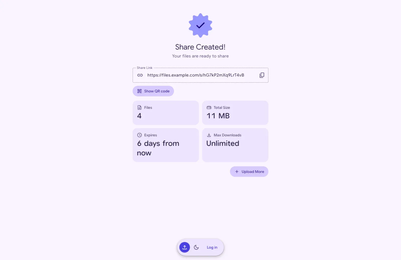 The Share Created page with the share link and its copy button, a Show QR code button, and cards for 4 files, 11 MB in total, an expiry 6 days from now and unlimited downloads.