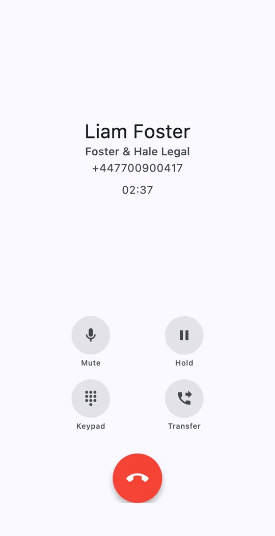 A call with Liam Foster at 2:37, with the Mute, Hold, Keypad and Transfer buttons above the red hang-up button.