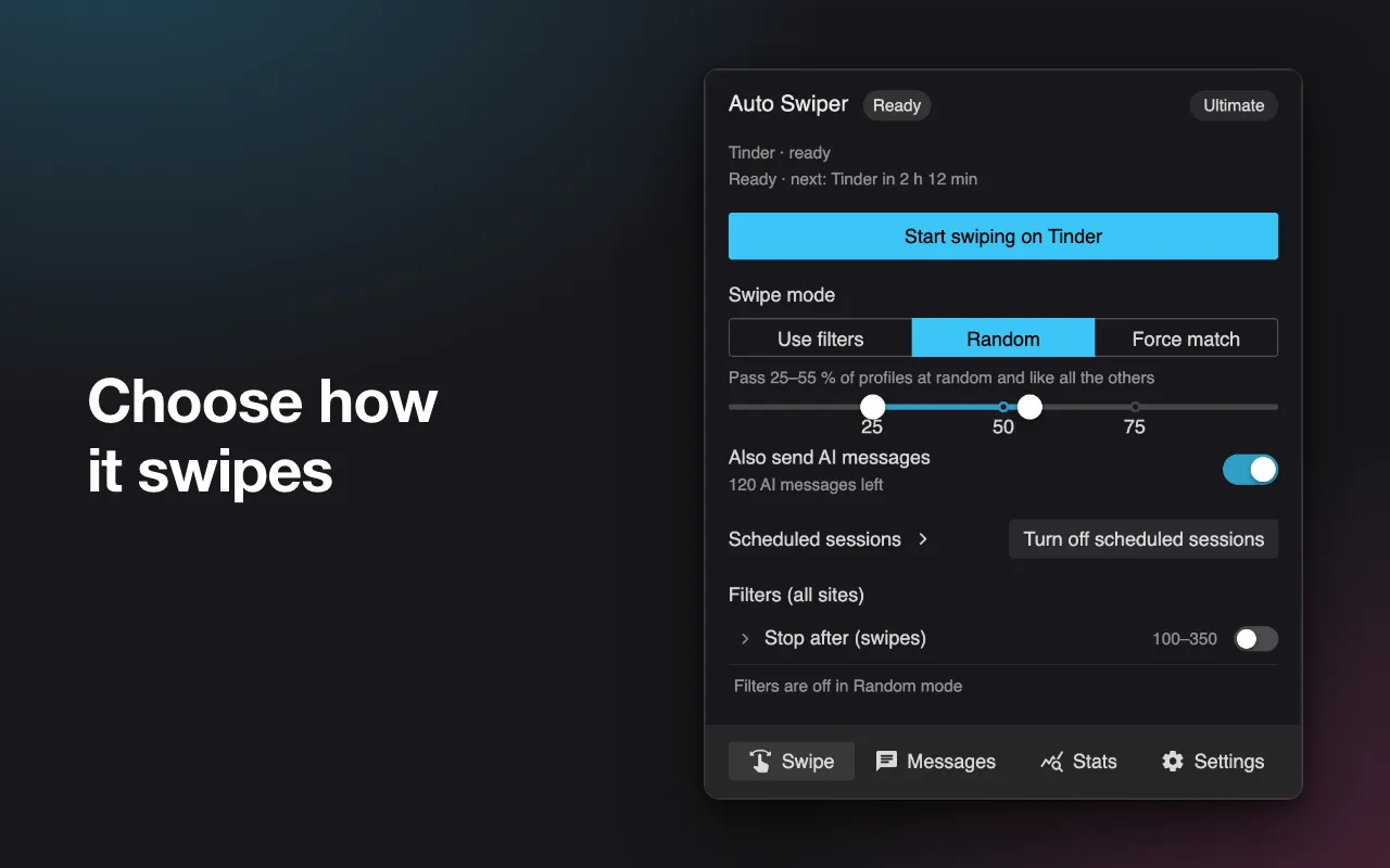 The popup in Random mode, with a slider set to pass 25 to 55 per cent of profiles at random and a note that filters are off in Random mode.