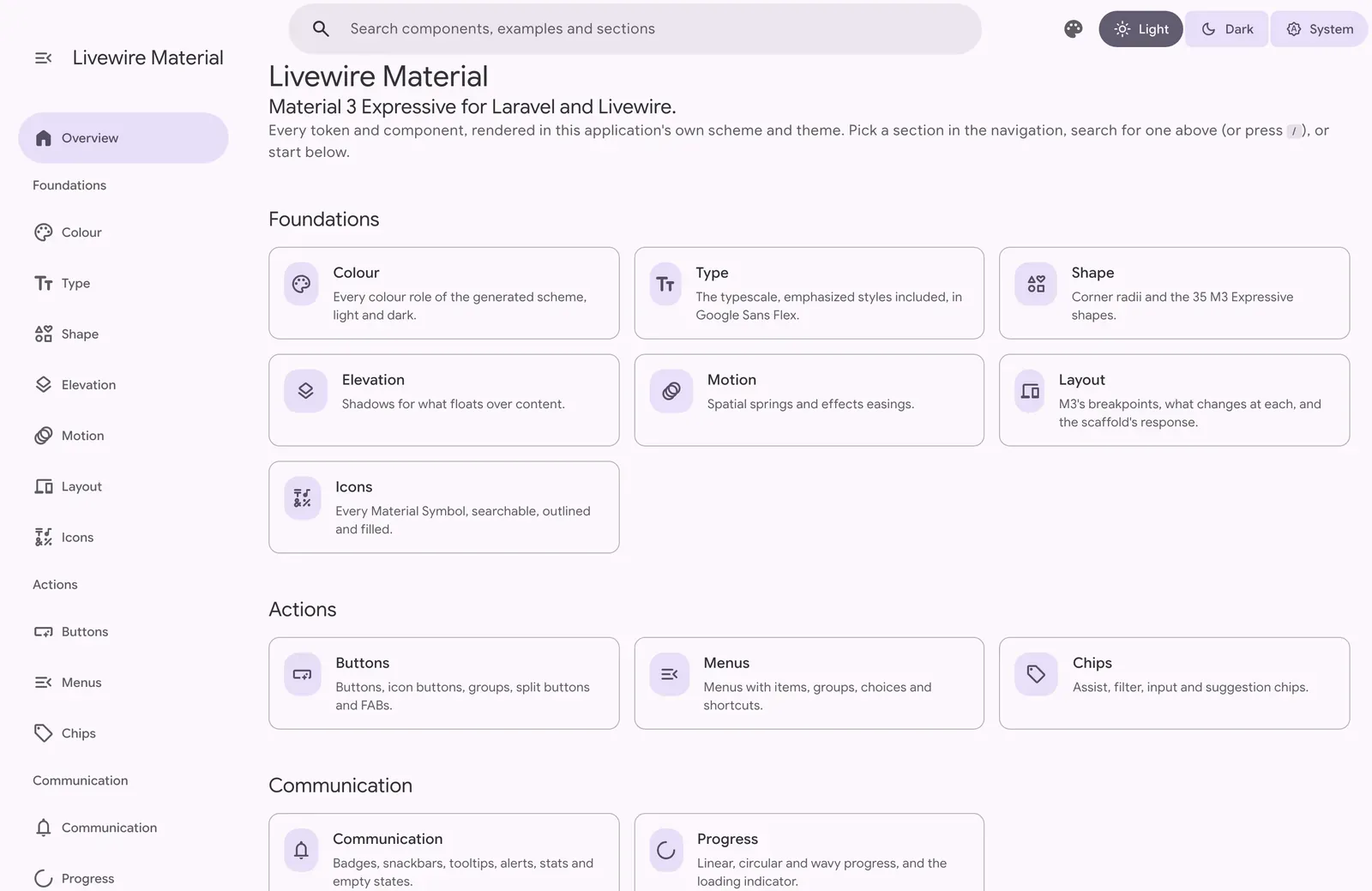 The showcase overview in the light theme, with a navigation rail listing every section, a search field for components, examples and sections, Light, Dark and System buttons, and cards for the Foundations, Actions and Communication sections.