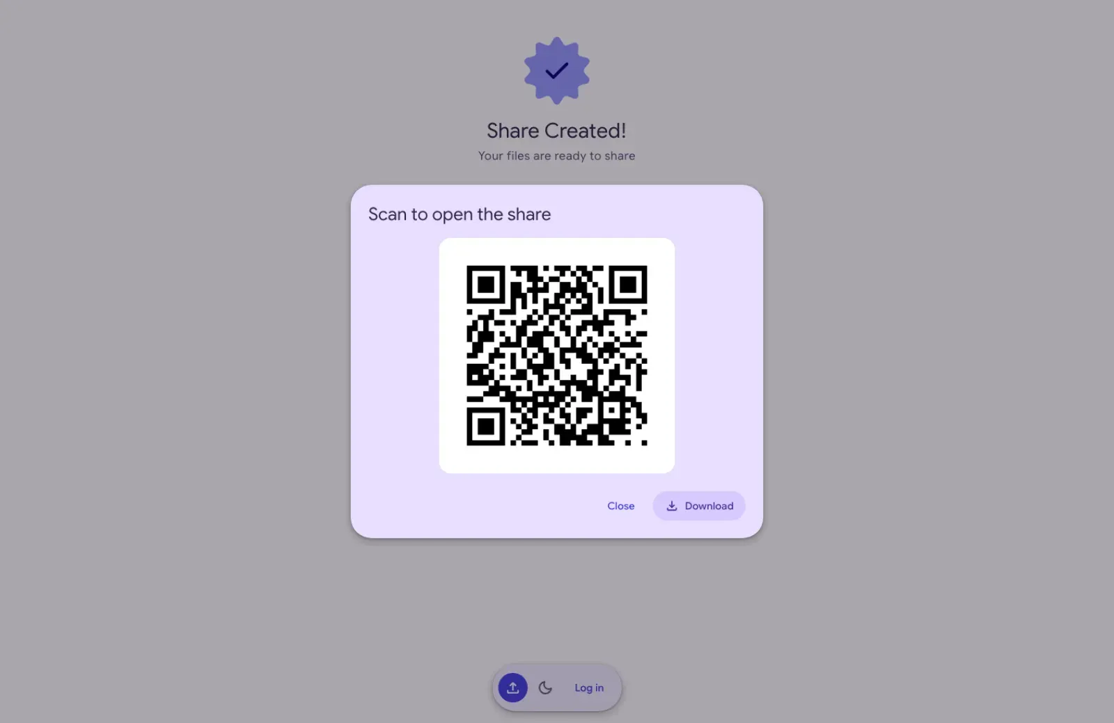 The dialog "Scan to open the share" with the QR code of the new share and the Close and Download buttons.