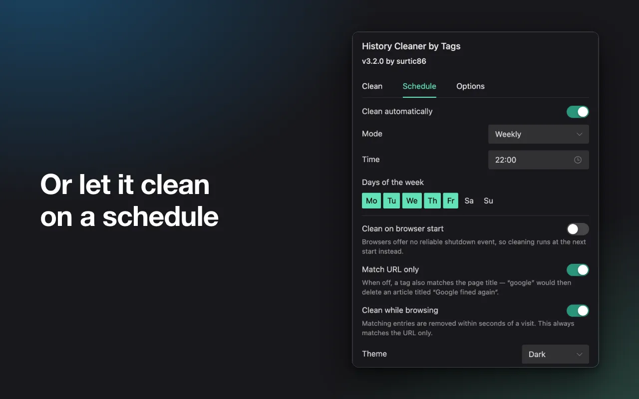 The Schedule tab, set to clean weekly at 22:00 from Monday to Friday, with switches for cleaning on browser start, matching the URL only and cleaning while browsing.