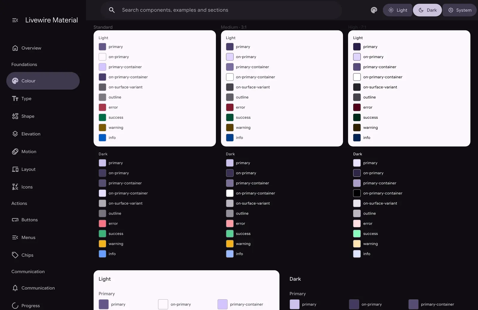 The Colour section in the dark theme, with swatches of the primary, outline, error, success, warning and info roles, light and dark, at the standard, medium (3:1) and high (7:1) contrast levels.