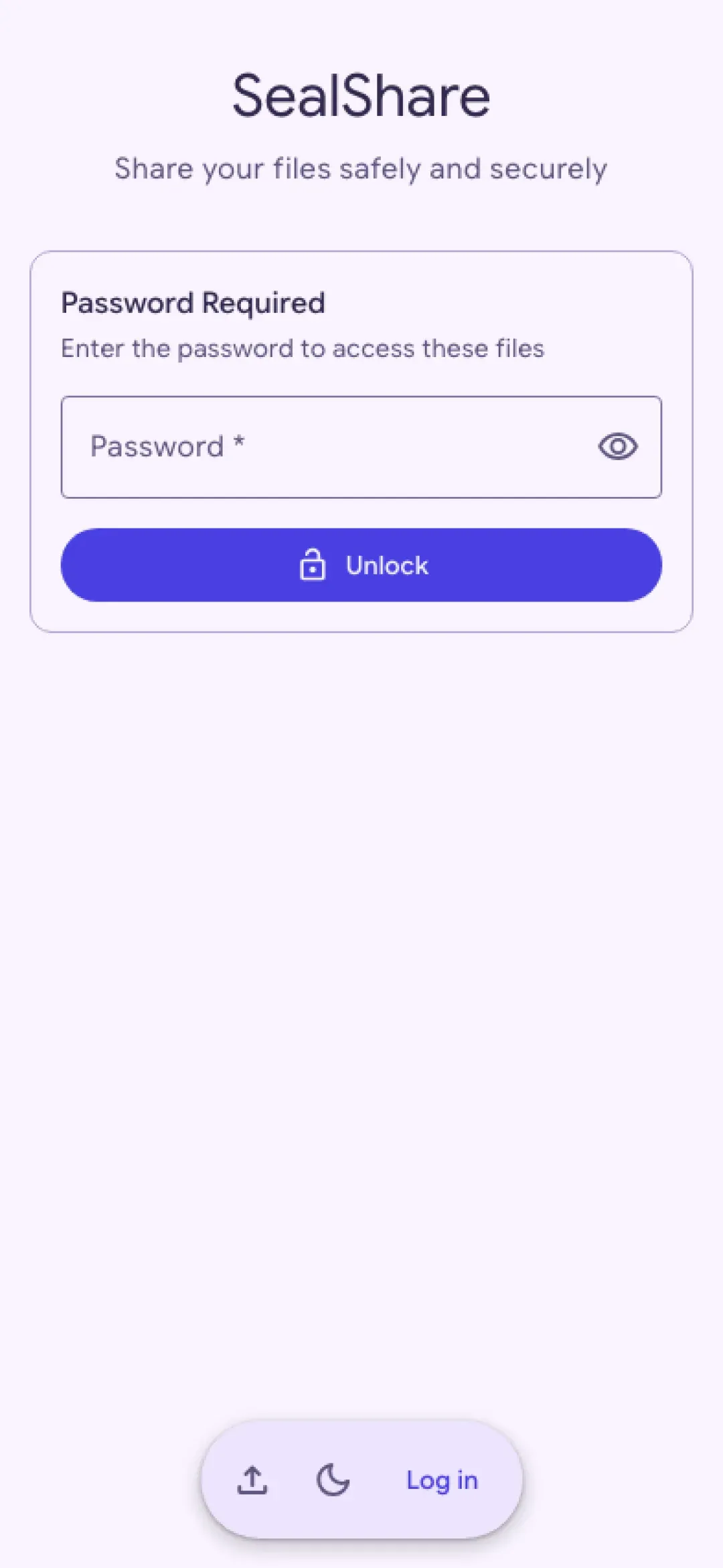 A password-protected share on a phone, with the heading Password Required, a password field and an Unlock button.