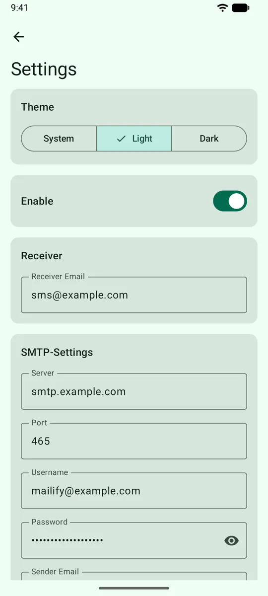 Settings with the theme choice, an on/off switch, the receiving address and the SMTP server details.