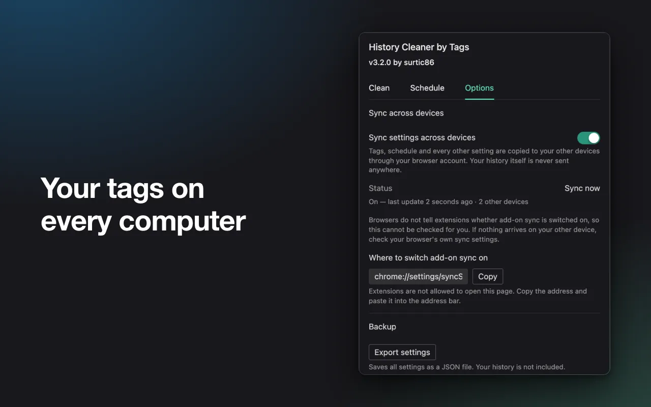 The Options tab with sync switched on and the status "last update 2 seconds ago, 2 other devices", above the export settings button.