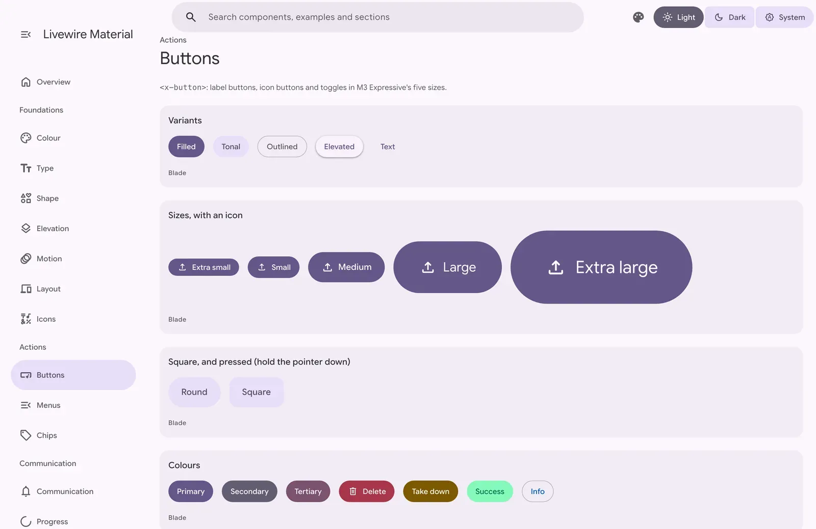 The Buttons section in the light theme, with filled, tonal, outlined, elevated and text buttons, upload buttons in five sizes from extra small to extra large, round and square buttons, and buttons in the primary, secondary, tertiary, error, warning, success and info colours.