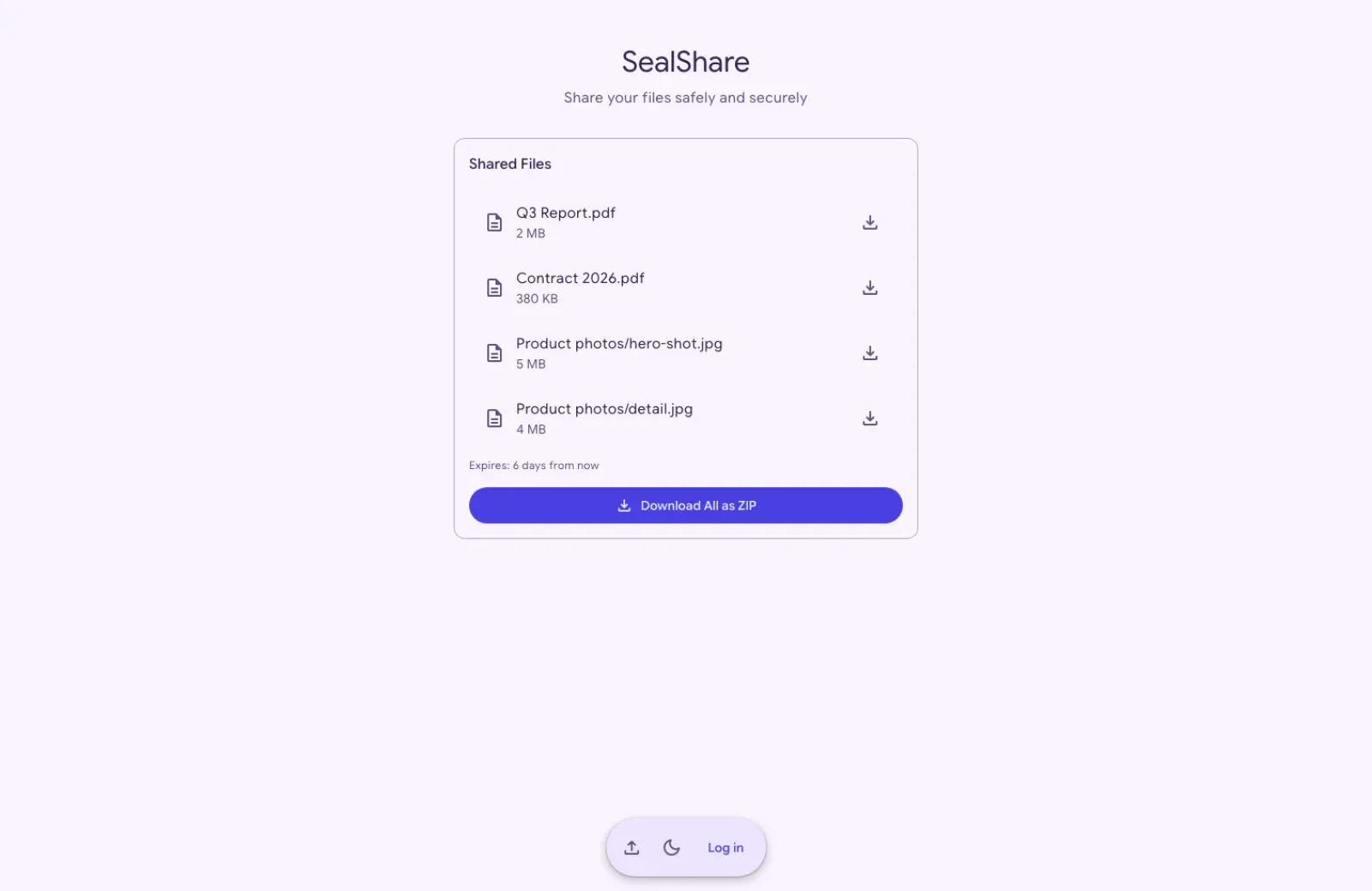 The download page a recipient sees, listing four shared files with a download button each, the expiry 6 days from now and a Download All as ZIP button.