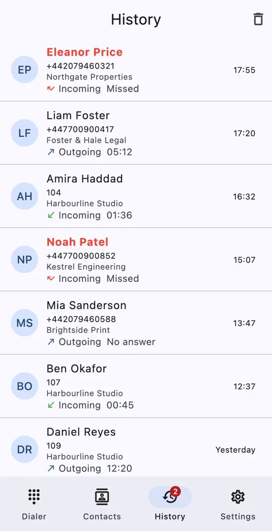 The call history, with missed calls in red and the direction and duration of every other call.
