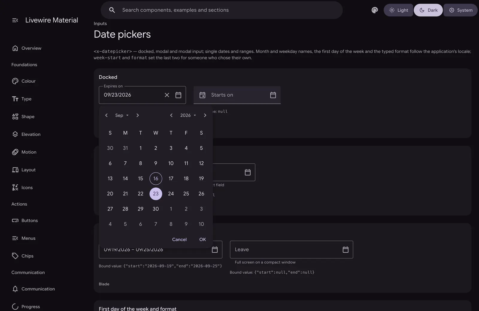 The Date pickers section in the dark theme, with a docked date picker open below the Expires on field, showing September 2026 with today outlined, the 23rd selected, and Cancel and OK buttons.