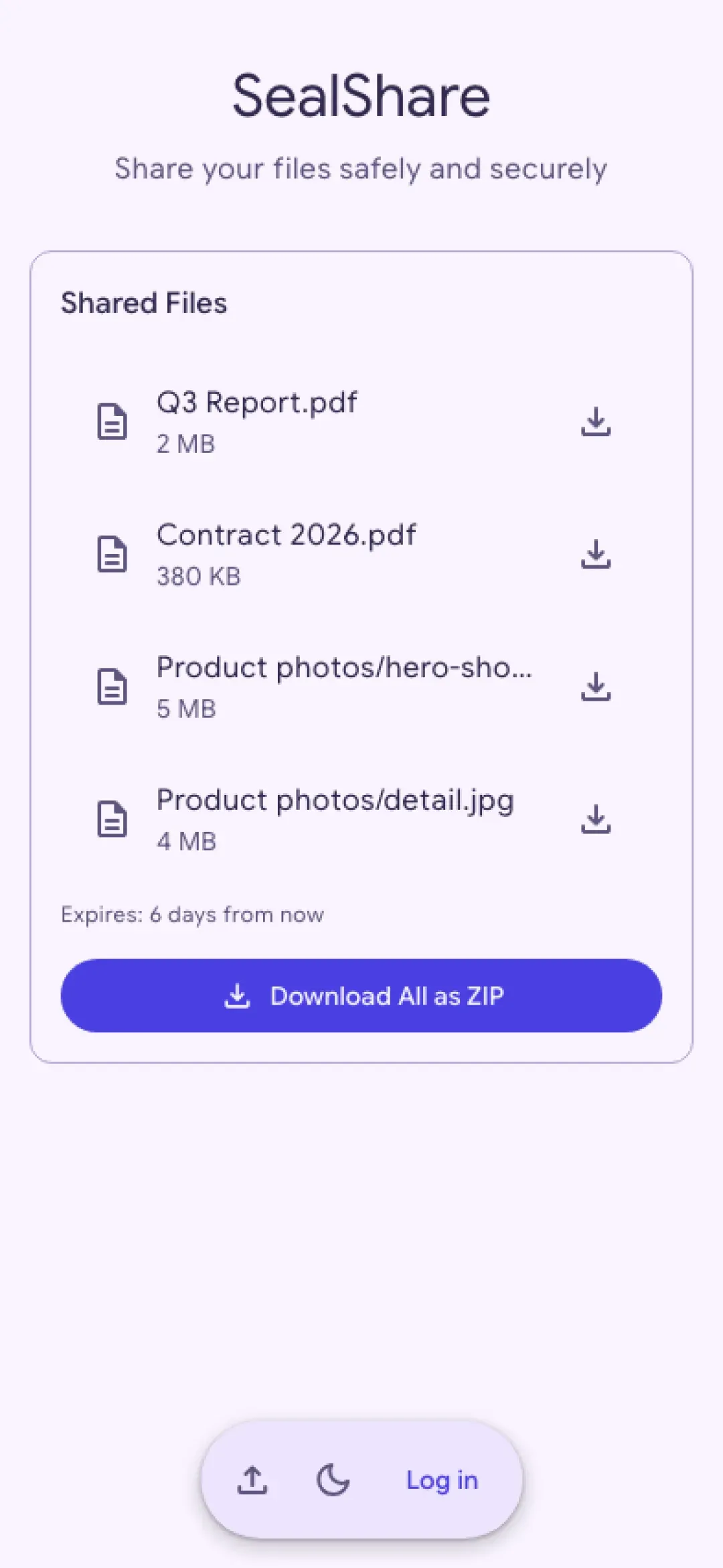 The same download page on a phone, with the file list and the Download All as ZIP button.