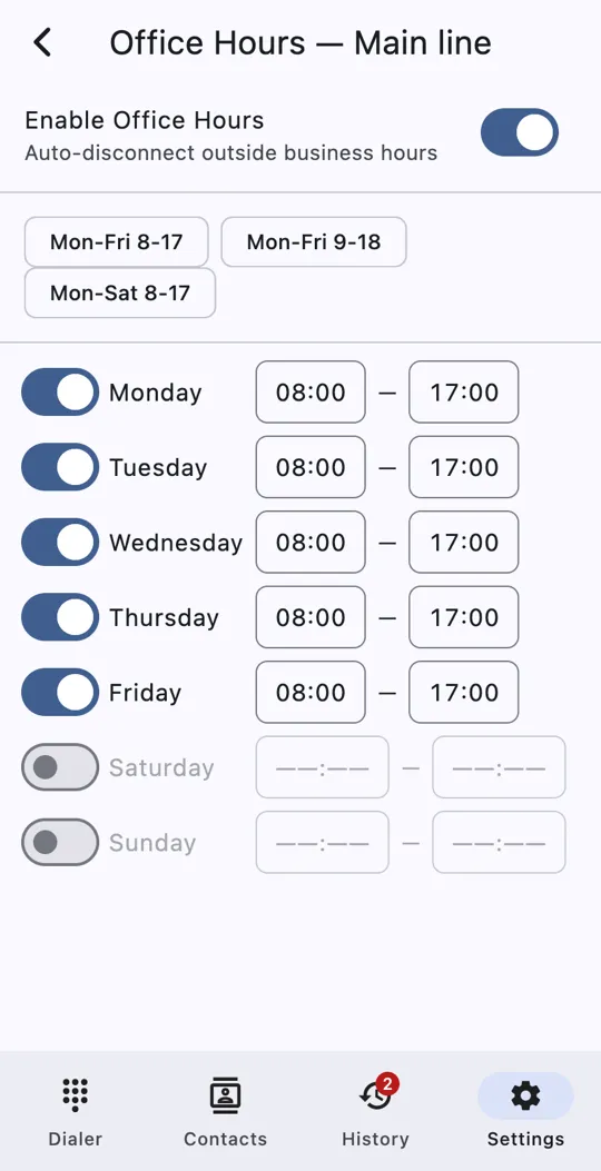 Office hours for the Main line account, Monday to Friday from 08:00 to 17:00 with the weekend off, and three preset schedules.