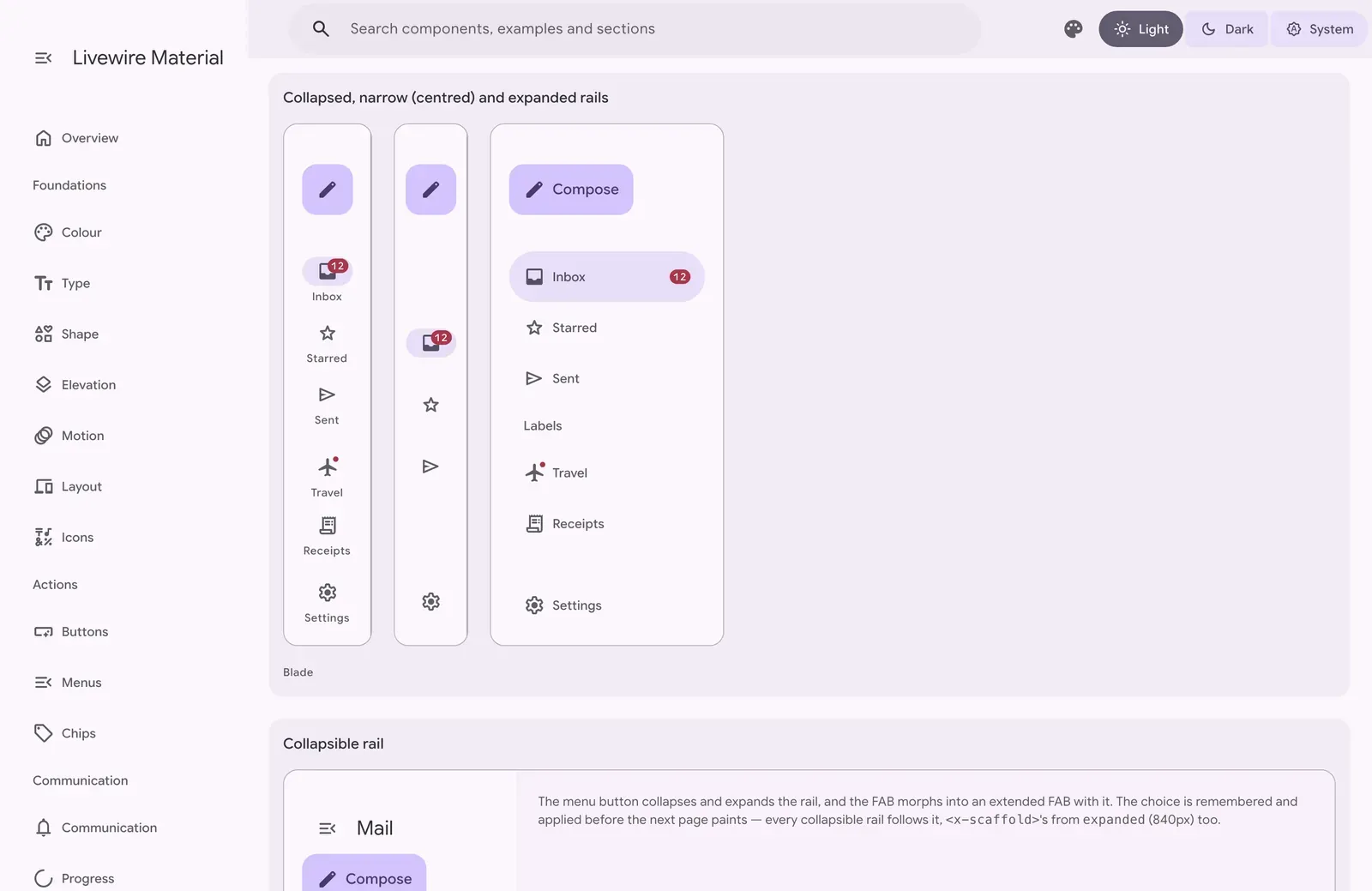 The Navigation section in the light theme, showing three navigation rails side by side, a collapsed one with labels under the icons, a narrow one with icons only and an expanded one with a Compose button and Inbox selected.