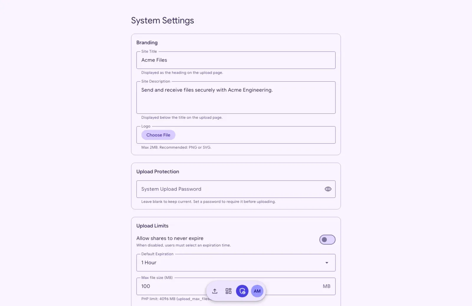 The system settings with the branding fields (the site title Acme Files, a description and a logo upload), the system upload password and the first upload limits.