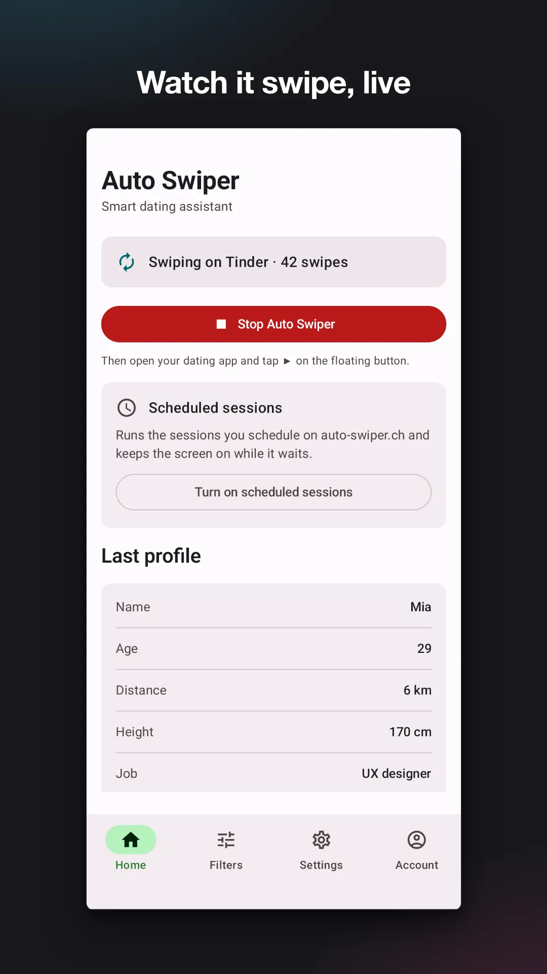 The Android home screen while swiping on Tinder after 42 swipes, with a red Stop Auto Swiper button and the last profile below it.