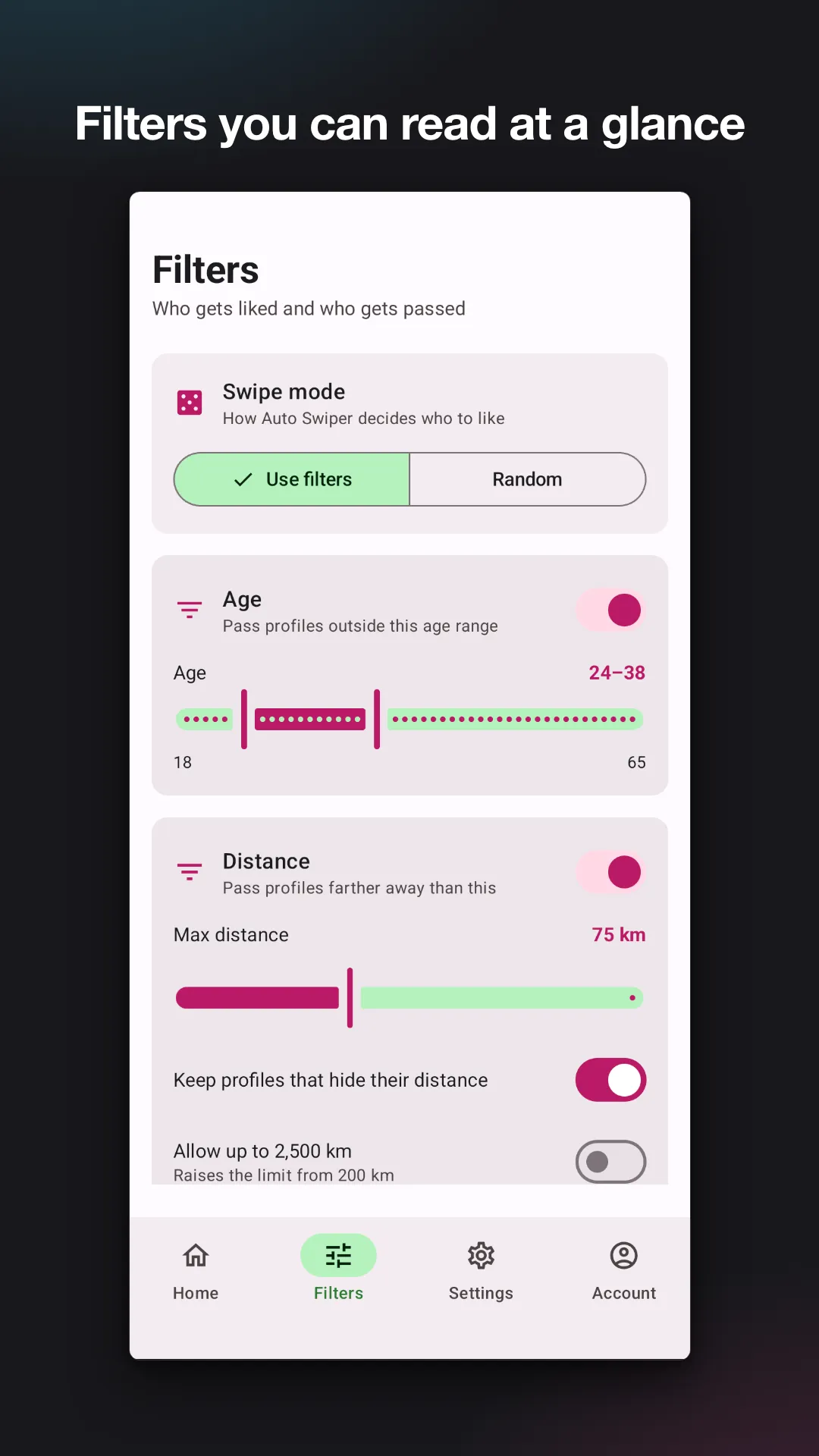 The Android filter screen with the swipe mode picker set to Use filters, an age range of 24 to 38 and a maximum distance of 75 kilometres.