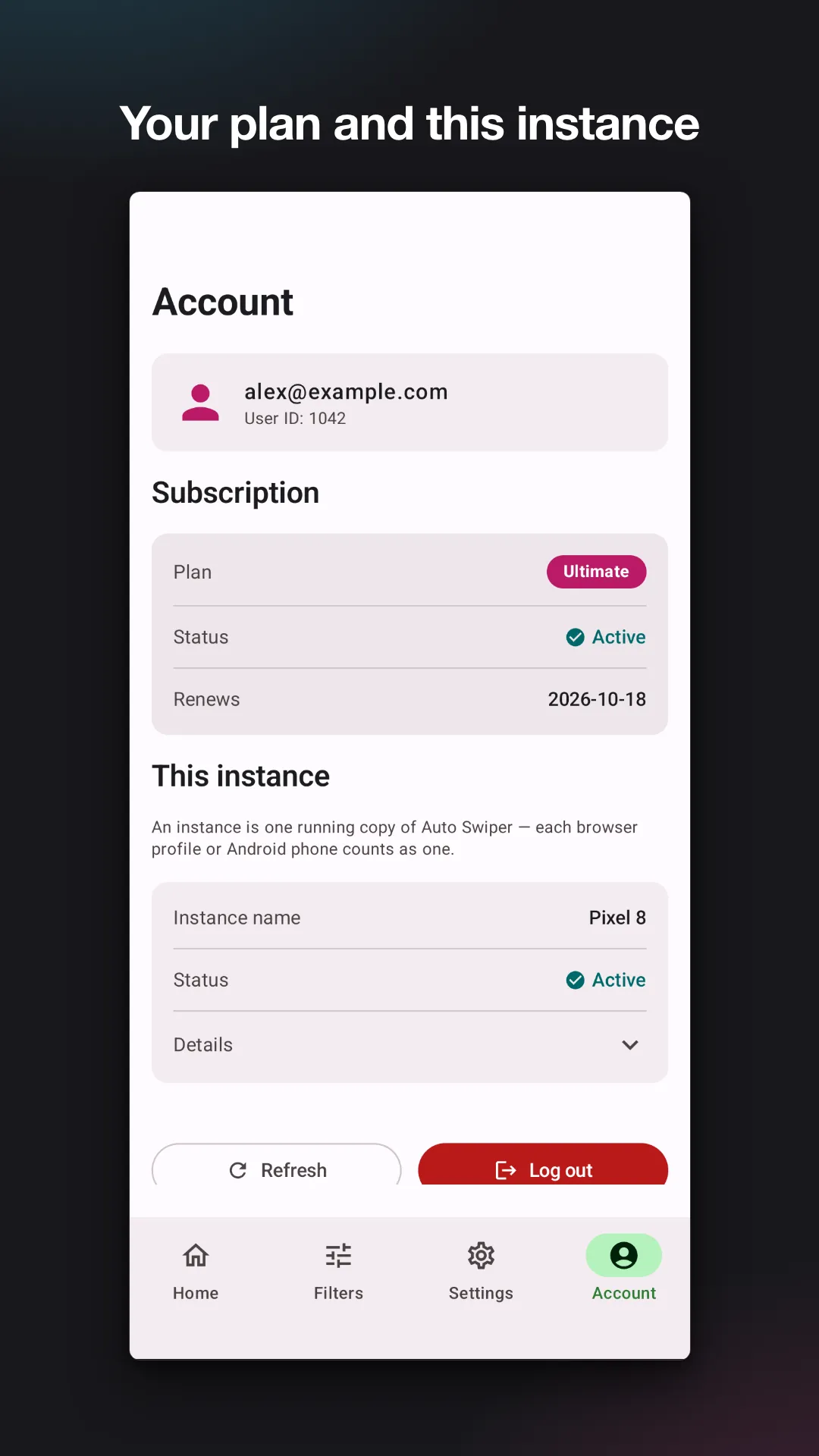 The Android account screen with the signed-in address, an active Ultimate plan with its renewal date, and the phone listed as one running instance.