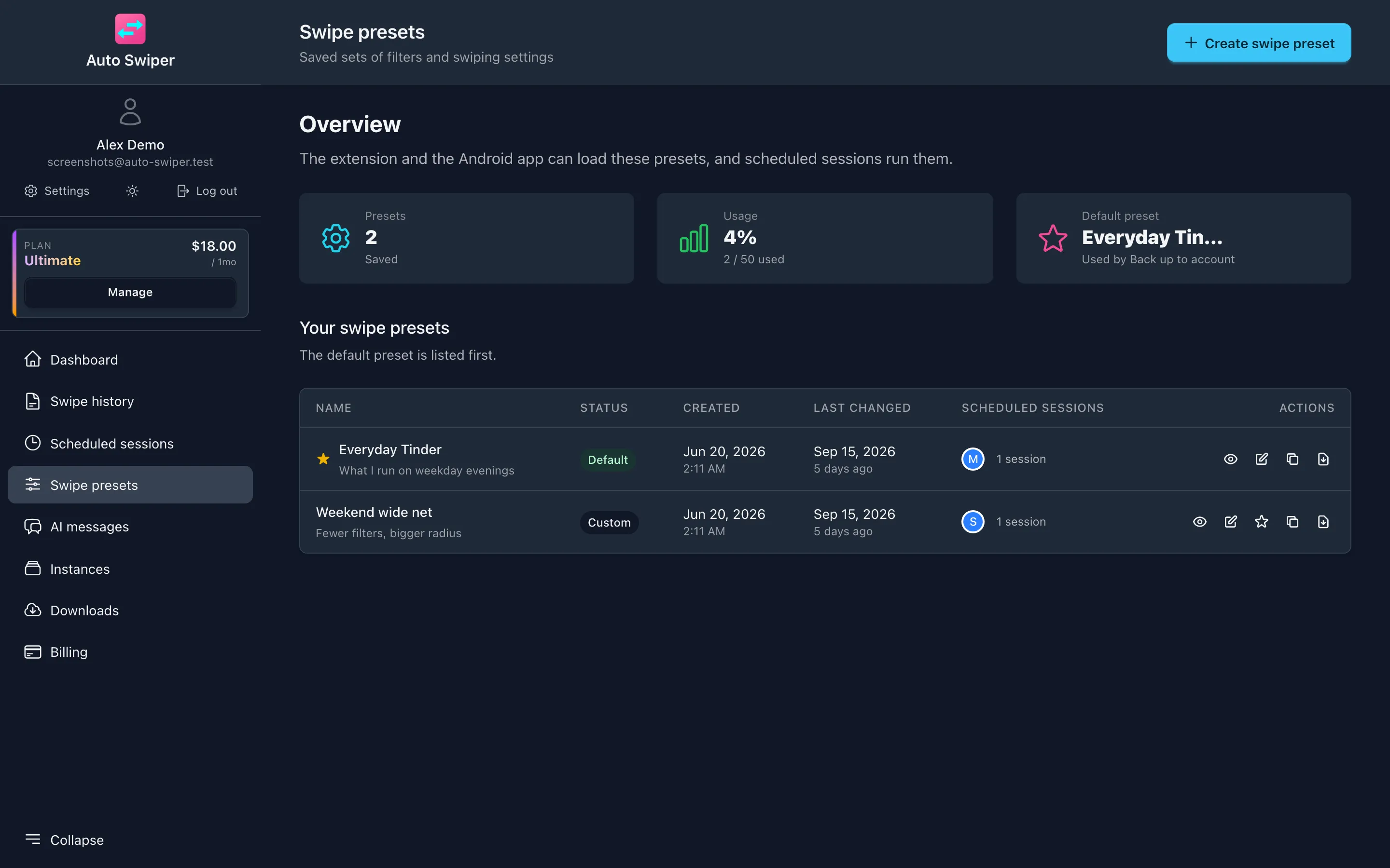 The swipe preset list on the dashboard, with a default Everyday Tinder preset and a Weekend wide net preset, each with a scheduled session attached.