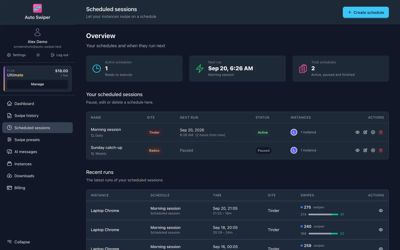 The scheduled sessions page, with a daily Tinder morning session running next at 6:26 and a paused weekly Badoo session, above a table of recent runs.