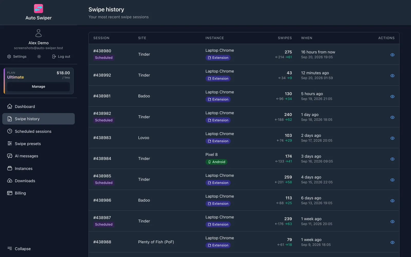 The swipe history table, one row per session with the site, the instance tagged Extension or Android, the left and right swipe counts and when it ran.