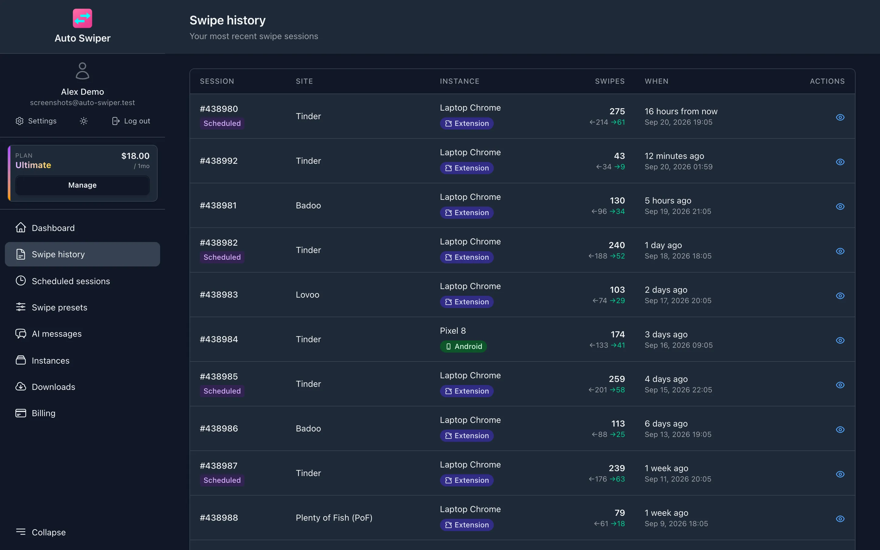 The swipe history table, one row per session with the site, the instance tagged Extension or Android, the left and right swipe counts and when it ran.