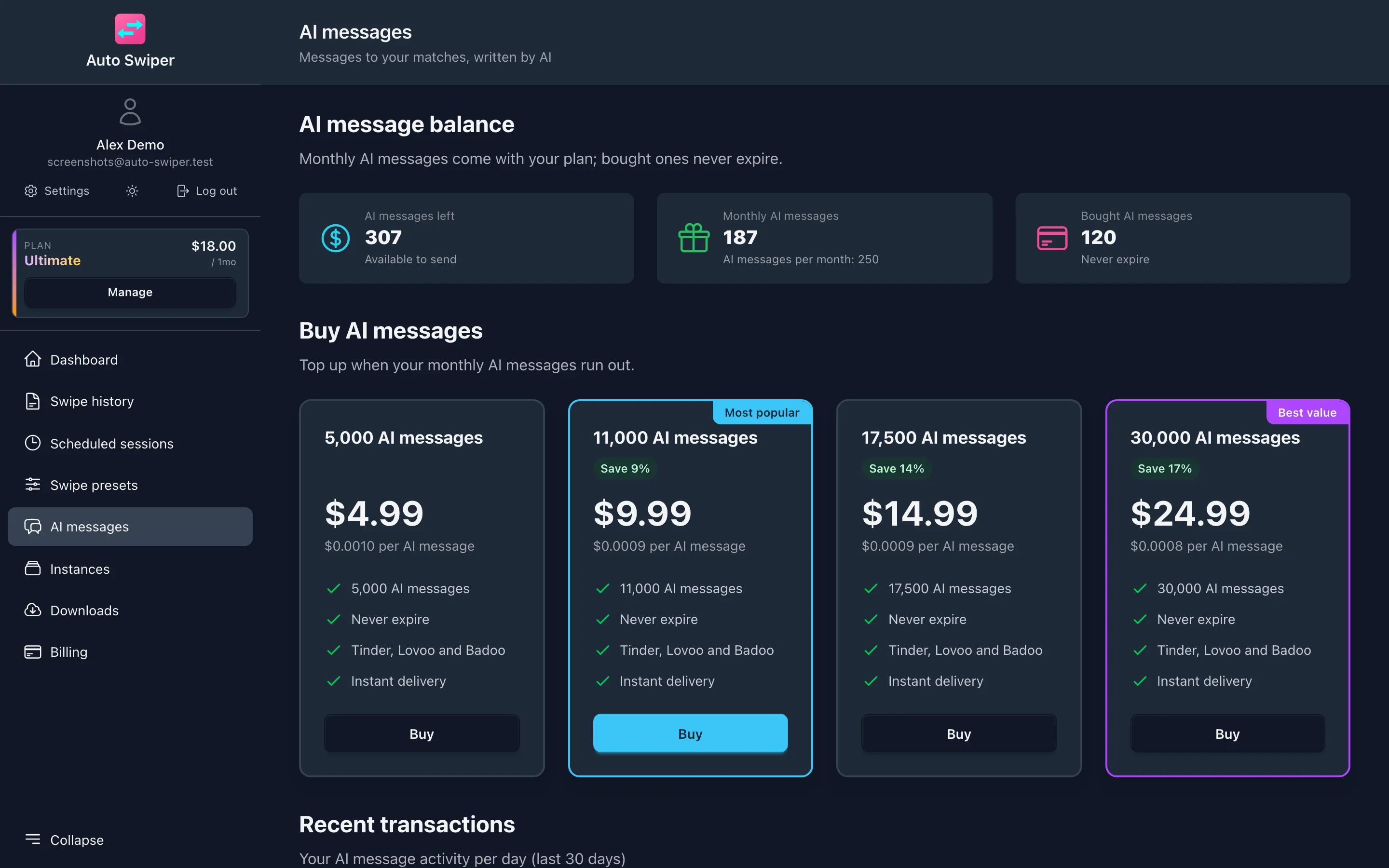 The AI messages page, showing 307 AI messages left, the monthly allowance and four top-up packs from 5,000 to 30,000 messages.