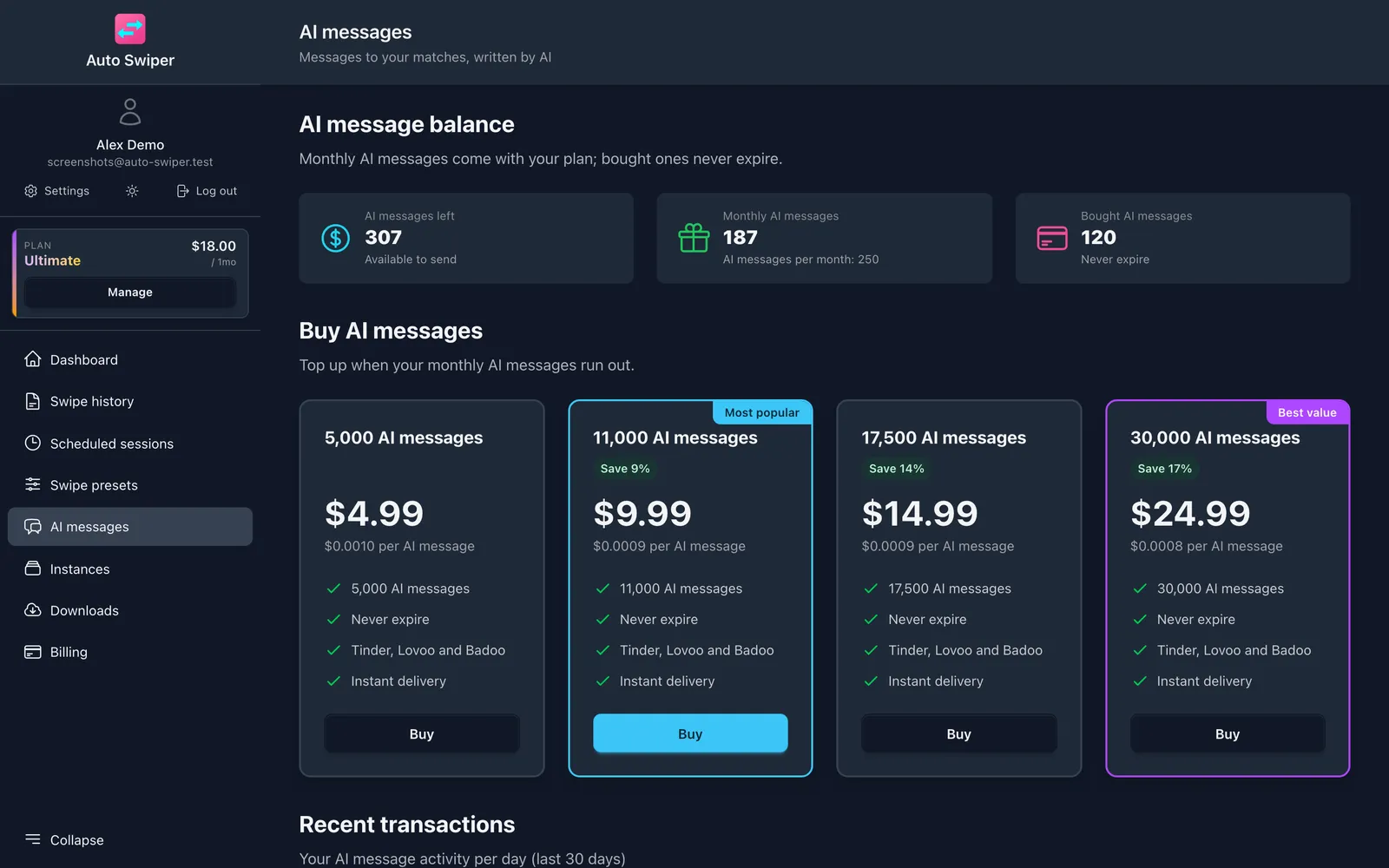 The AI messages page, showing 307 AI messages left, the monthly allowance and four top-up packs from 5,000 to 30,000 messages.
